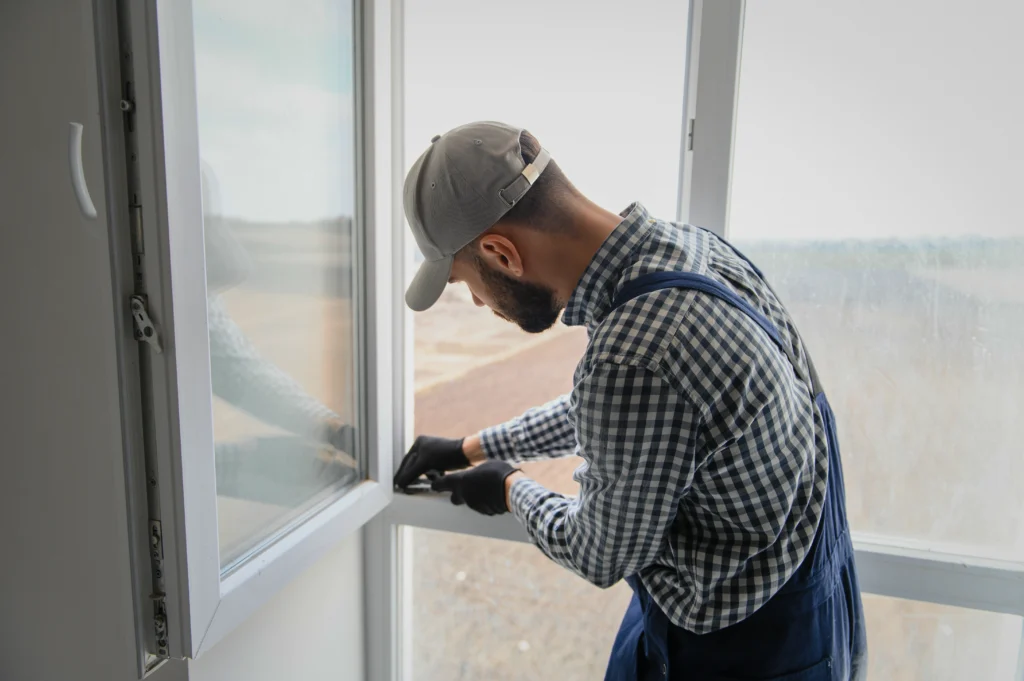 Eine Person in Arbeitskleidung repariert oder installiert ein geöffnetes weißes Fenster.